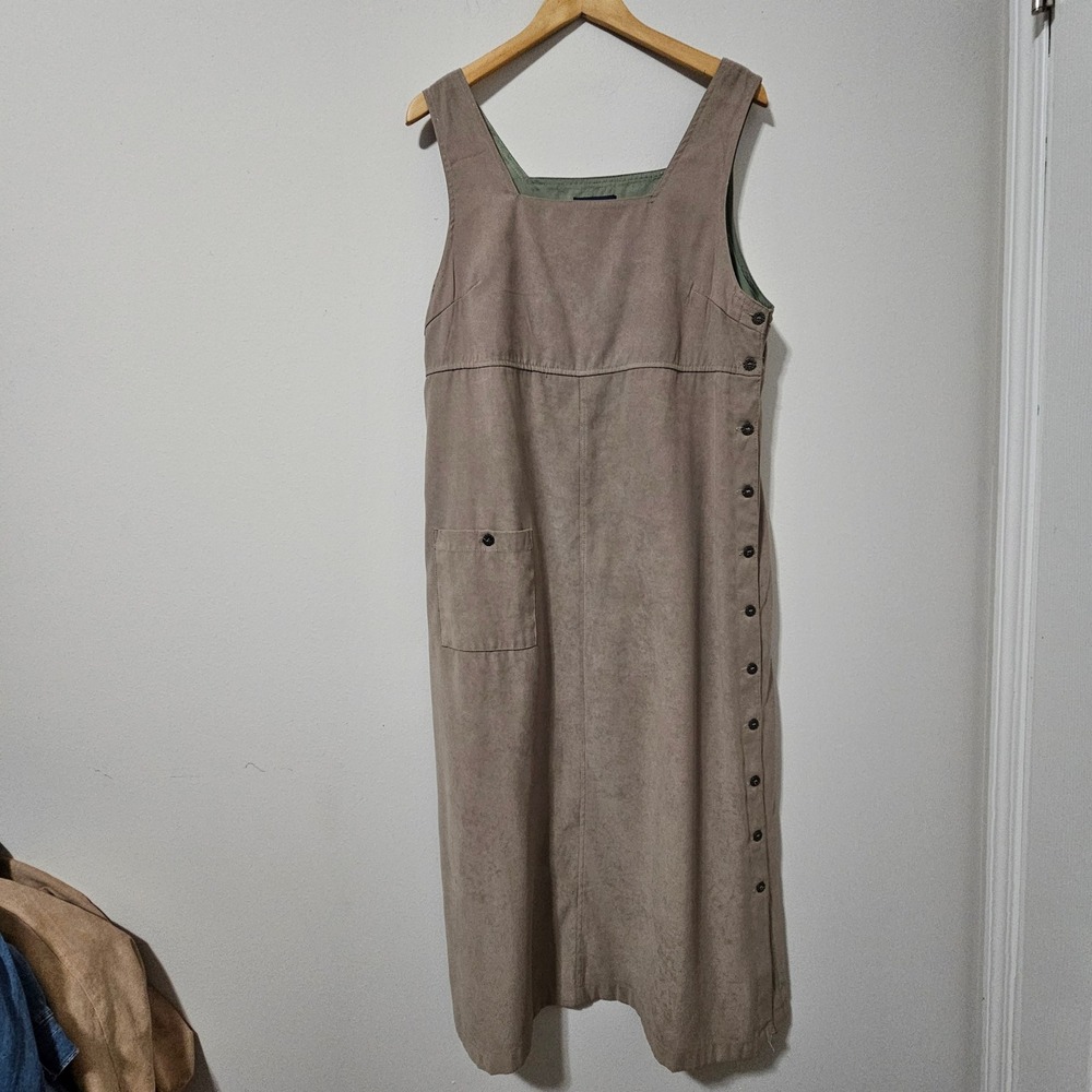 Blue J. Womens Faux Suede Jumper Dress Taupe Brown Side Button Midi Pinafore M